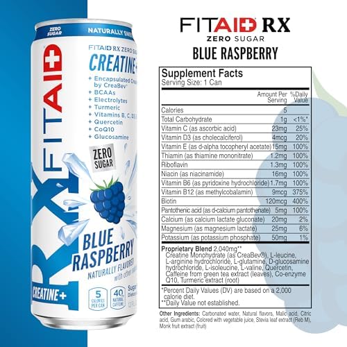 FITAID RX Zero Sugar, Encapsulated Creatine, Post-Workout Recovery Zero Sugar Drink, All-In-One Blend, BCAAs, Glucosamine, Turmeric, B-Complex, Electrolytes, Variety Pack, 12 Fl Oz (Pack of 12)