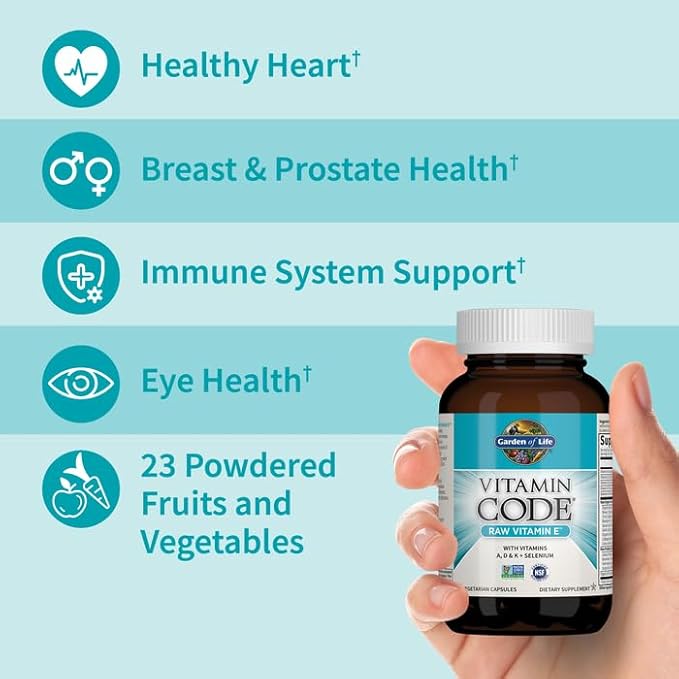 Garden of Life Vitamin E - Vitamin Code Raw Vitamin E Supplement with Vitamins A, D & K Plus Selenium, Fruit, Veggies & Probiotics, 60 Vegetarian Capsules, 125mg Whole Food Vitamin E for Heart Health