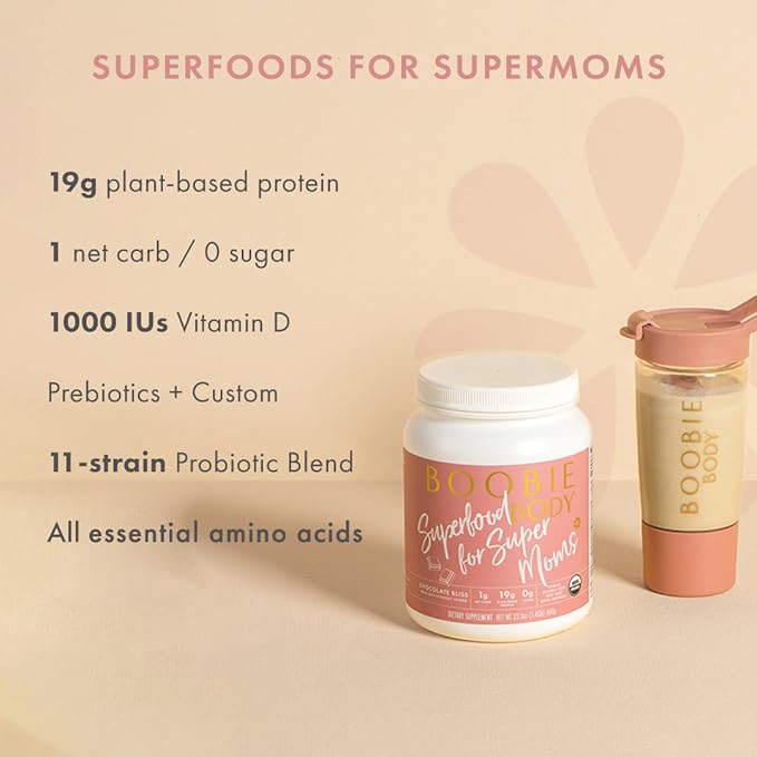 Boobie Body Superfood Protein Shake for Moms, Pregnancy Protein Powder, Lactation Support to Increase Milk Supply, Probiotics, Organic, Diary-Free, Gluten-Free, Vegan - Chocolate Bliss (20 servings)