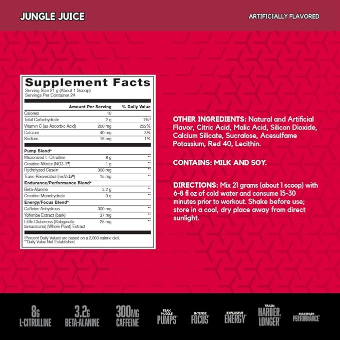 BSN N.O.-XPLODE Vaso Pre Workout Powder with 8g of L-Citrulline and 3.2g Beta-Alanine and Energy, Flavor: Jungle Juice, 24 Servings