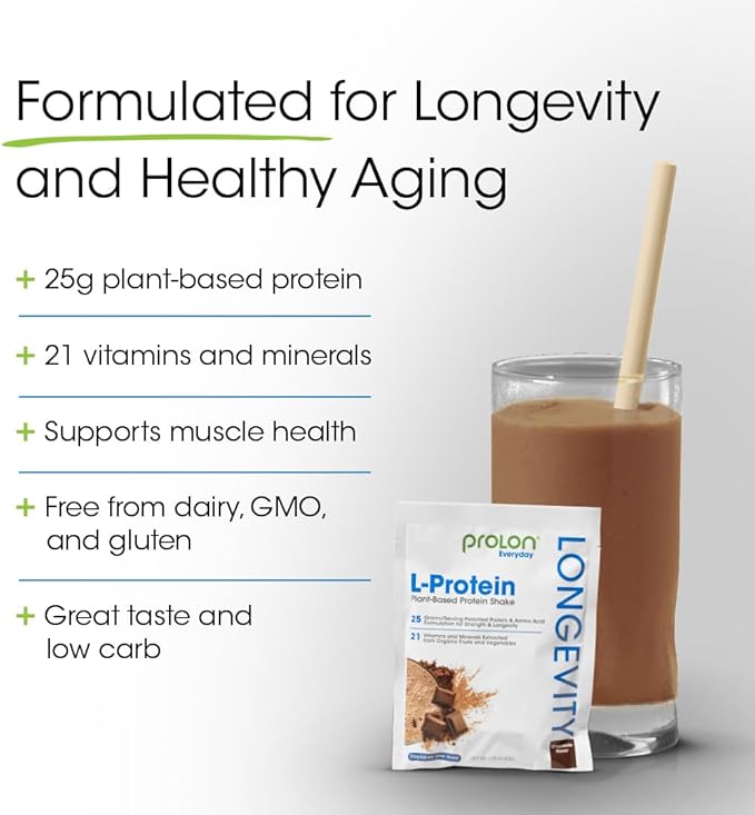 ProLon Longevity Plant Based Protein Powder | Muscle Synthesis & Repair, Healthy Aging, Boost Performance | Vitamins, Gluten Free, Amino Acids, Antioxidants | 25g of Protein | Chocolate, 12 Packets