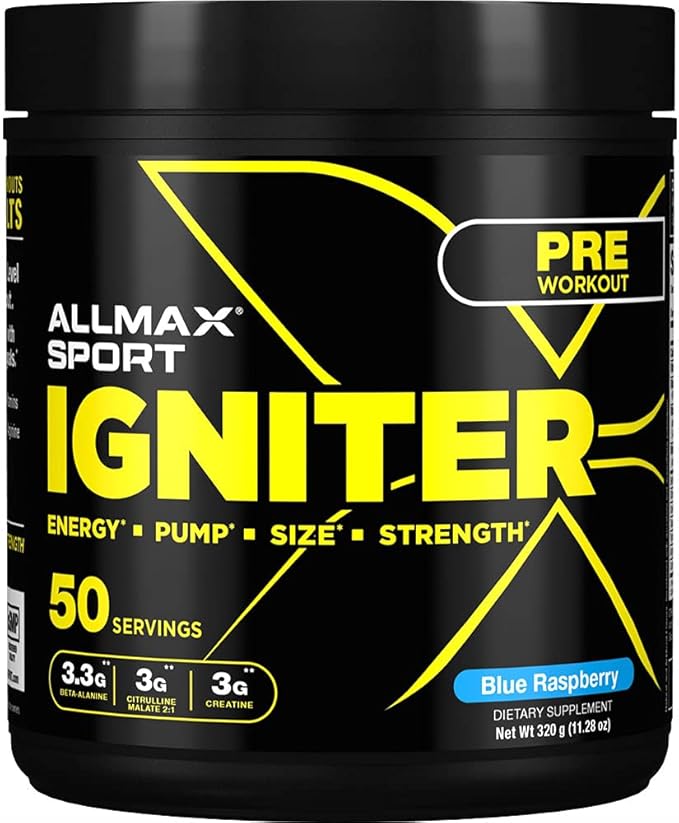 ALLMAX IGNITER Sport, Blue Raspberry - 330 g - Pre-Workout Formula - with Caffeine, L-Citrulline, L-Arginine, Creatine & Beta Alanine - Up to 50 Servings