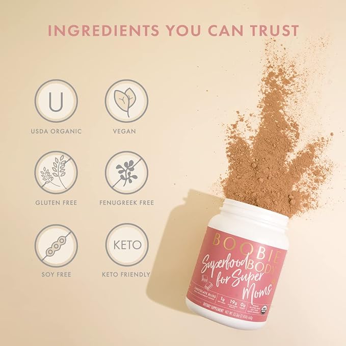 Boobie Body Superfood Protein Shake for Moms, Pregnancy Protein Powder, Lactation Support to Increase Milk Supply, Probiotics, Organic, Diary-Free, Gluten-Free, Vegan - Chocolate Bliss (20 servings)