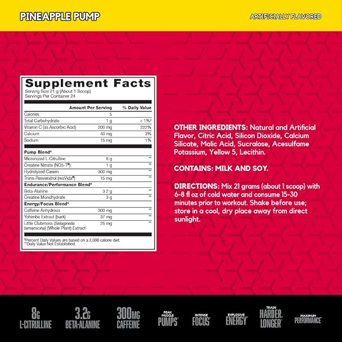 BSN N.O.-XPLODE Vaso Pre Workout Powder with 8g of L-Citrulline and 3.2g Beta-Alanine and Energy, Flavor: Pineapple Pump, 24 Servings