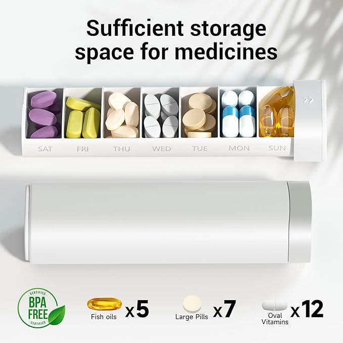 Weekly Pill Organizer 7 Day, Betife Daily Pill Box, Travel Pill Case, Cute Pill Holder to Hold Vitamins, Medicines, Supplements, Pills Organizer (Pearl White)