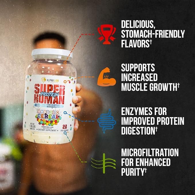 ALPHA LION Superhuman Whey Protein Powder, Great Tasting Pure Whey Protein Isolate, Low Carb, Low Sugar, No Bloat Post Workout, Muscle Recovery & Growth (28 Servings, Anabolic Cereal)
