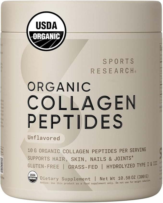 Sports Research® Organic Collagen Peptides - Hydrolyzed Type I & III Collagen Protein Powder Made Sustainably from Grass-Fed Cows - Unflavored - 30 Servings