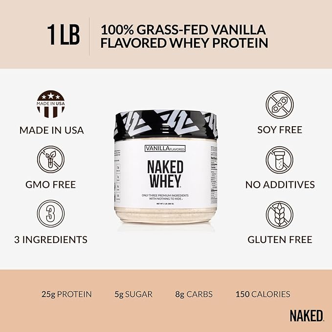 Naked Vanilla Whey Protein 1Lb, Only 3 Ingredients, All Natural Grass Fed Whey Protein Powder + Vanilla + Coconut Sugar- GMO-Free, Soy Free, Gluten Free. Aid Muscle Growth, 12 Servings