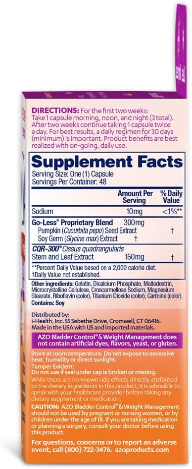 AZO Bladder Control with Go-Less® & Weight Management Dietary Supplement | Helps Reduce Occasional Urgency* | Promotes Healthy Metabolism* | Supports a Good Night’s Sleep* | 48 Capsules