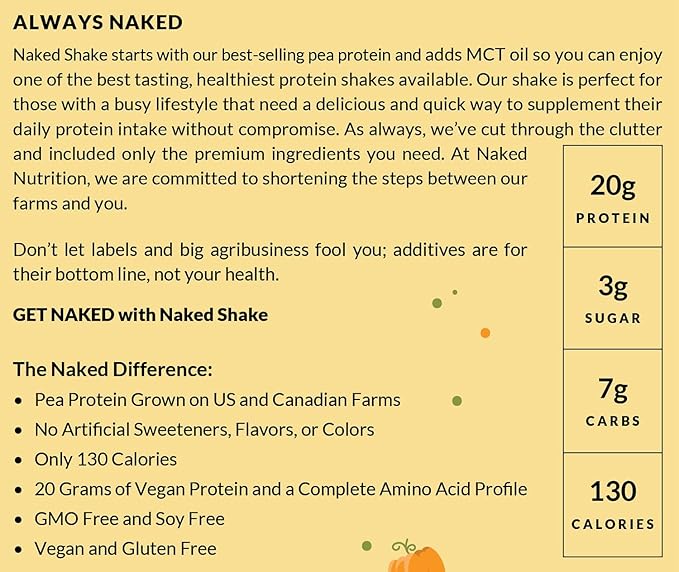 Naked Shake - Pumpkin Spice Protein Shake - Flavored Plant Based Protein with Mct Oil - Gluten-Free, Soy-Free, No Gmos Or Artificial Sweeteners - 30 Servings