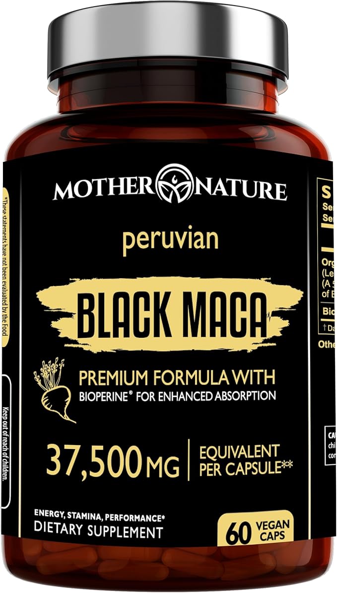 Mother Nature Black Maca Root Capsules – 50:1 37,500mg Peruvian Black Maca Root for Men, Women with Bioperine – Maca Root Capsules to Boost Stamina, Performance, Energy, Muscle Gain – 60-Count