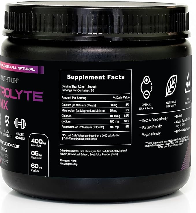 Electrolytes Powder No Sugar- Zero Calorie Hydration Powder | Sugar Free Electrolytes for Fasting, Keto & Vegan | Natural Ingredients Electrolyte Mix for Energy Boost, 60 Servings