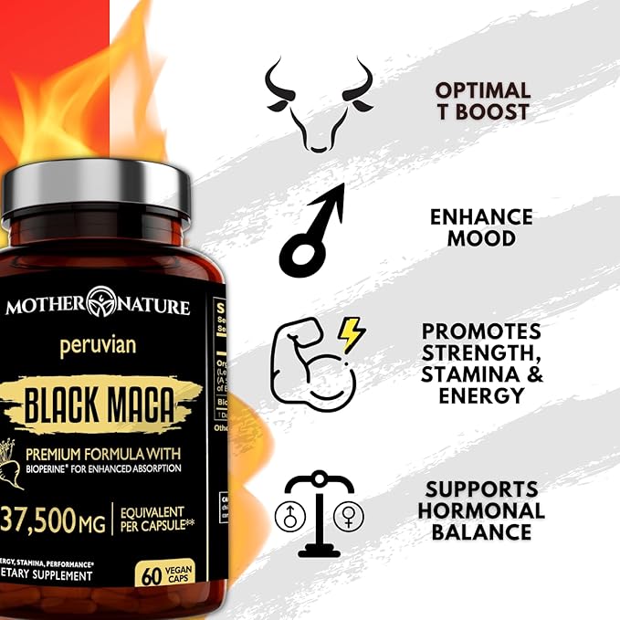 Mother Nature Black Maca Root Capsules – 50:1 37,500mg Peruvian Black Maca Root for Men, Women with Bioperine – Maca Root Capsules to Boost Stamina, Performance, Energy, Muscle Gain – 60-Count