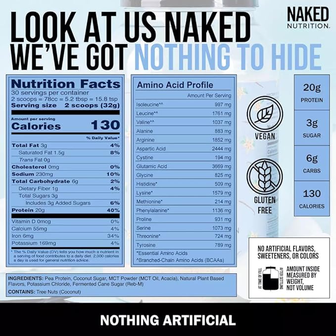 Naked Shake - Vanilla Protein Powder - Plant Based Protein Shake with Mct Oil, Gluten-Free, Soy-Free, No Gmos Or Artificial Sweeteners - 30 Servings
