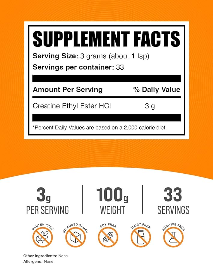 BulkSupplements.com Creatine Ethyl Ester HCl Powder - Creatine Supplement, Creatine Ethyl Ester Powder - Unflavored & Gluten Free, 3g per Serving, 100g (3.5 oz) (Pack of 1)