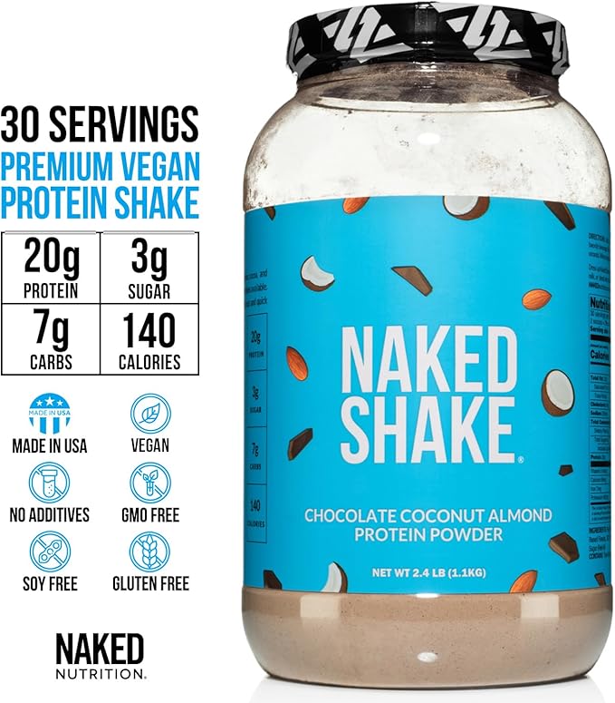 Naked Shake - Chocolate Coconut Almond Protein Powder - Flavored Plant Based Protein from US & Canadian Farms with MCT Oil, Gluten-Free, Soy-Free, No GMOs or Artificial Sweeteners - 30 Servings