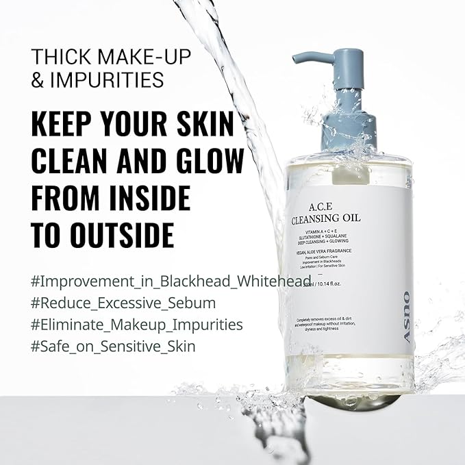 ASNO Multi-Vitamin A.C.E Cleansing Oil 300ml Blackhead Whitehead Sebum Pore Care Vitamin A C E Glutathione Aloe vera Squalane Centella Asiatica 6-types of Vegan oils