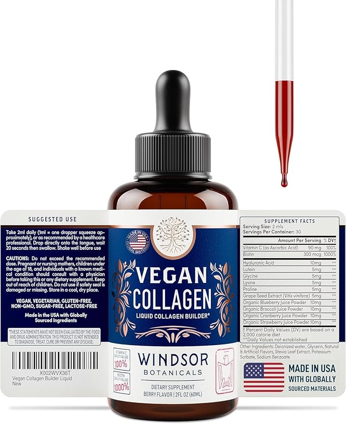 Vegan Collagen Builder Liquid Supplement - Collagen Booster with Vitamin C, Biotin, Hyaluronic Acid & Amino Acids - Vegetarian Collagen for Women, Organic Fruit & Vegetable Blend - 120ml, 60 Day