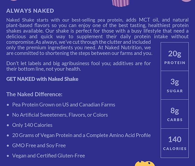 Naked Shake - Blueberry Muffin Protein Powder - Flavored Plant Based Protein from US & Canadian Farms with MCT Oil, Gluten-Free, Soy-Free, No GMOs or Artificial Sweeteners - 30 Servings