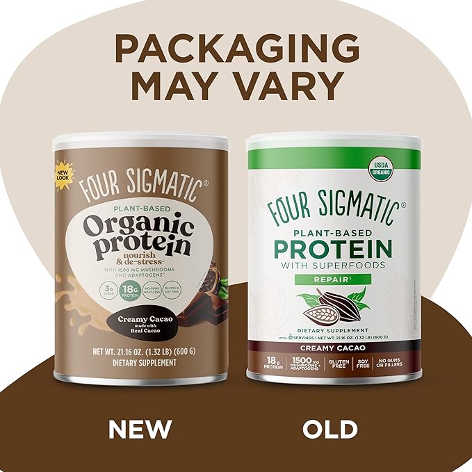 Four Sigmatic Organic Plant-Based Protein Powder Creamy Cacao Protein with Lion’s Mane, Chaga, Cordyceps and More | Clean Vegan Protein Elevated for Brain Function and Immune Support | 21.16 oz