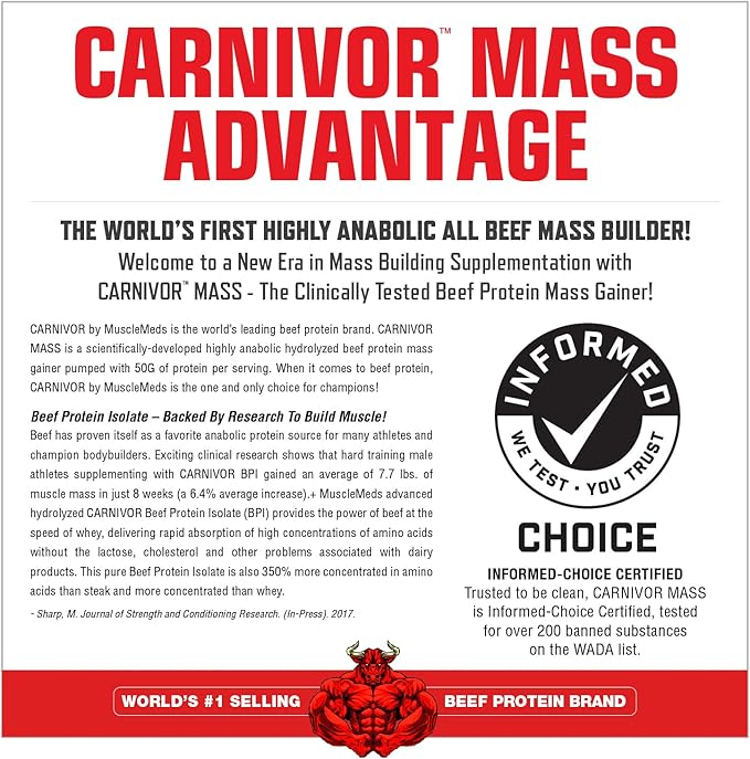 MuscleMeds CARNIVOR Mass Gainer Beef Protein Isolate Shake, 50 Grams Protein, 125 Grams Carbs, 0 Fat, 0 Sugar, Lactose Free, Vanilla Caramel, 5 Pound