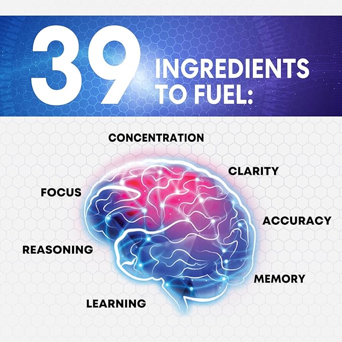 Brain Supplement Memory Pills - Nootropics Support for Concentration, Clarity, Energy & Focus - Brain Health with Bacopa, Cognitive Vitamins, Phosphatidylserine, DMAE - Brain Booster - 60 Capsules