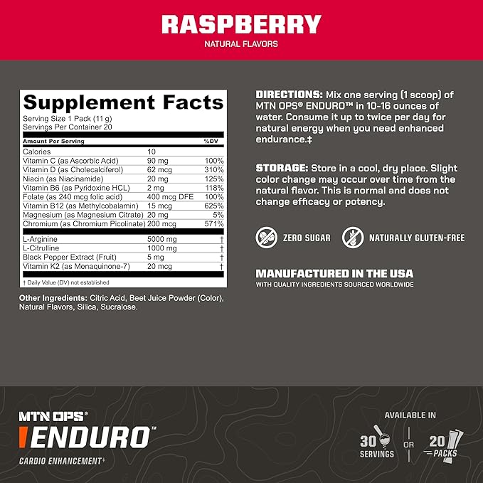 MTN OPS Enduro Nitric Oxide Supplement & Stim-Free Pre Workout - 30 Servings - with Magnesium Citrate, Beet Root Powder, Niacinamide, L Arginine & L Citrulline - Raspberry Flavor
