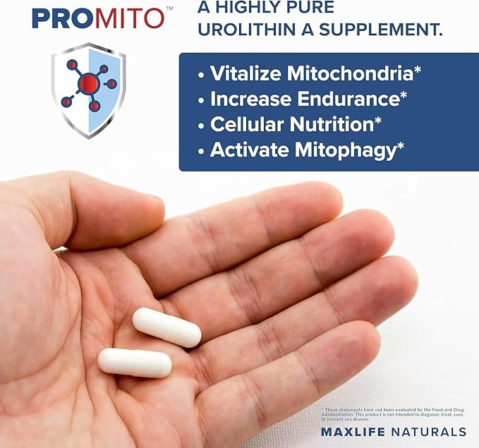 ProMito - Urolithin A Supplement - 500mg Pure Urolithin A Dietary Supplement for Men & Women - Good Alternative to NMN, NAD, CoQ10, Resveratrol & PQQ - Max Life Naturals, 60 Capsules