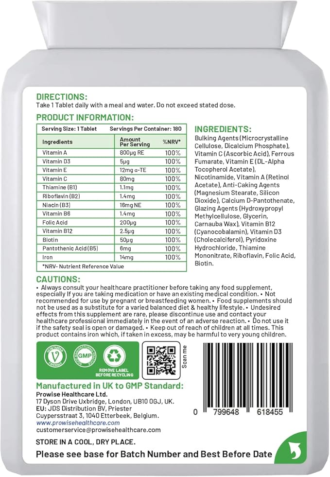Multivitamin & Iron 180 Tablets (6 Months Dose) Immune Support - One A Day Multi-Vitamin Supplement ā UK Manufactured | GMP Standards by Prowise Healthcare - Suitable for Vegetarians