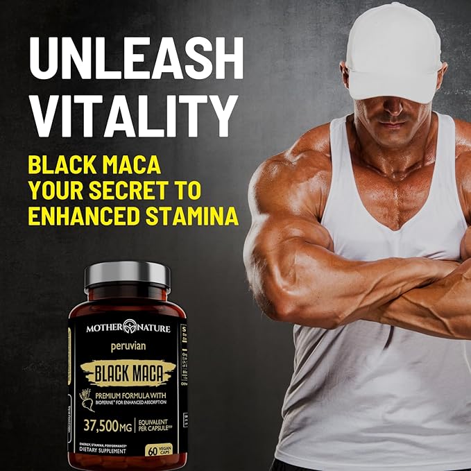Mother Nature Black Maca Root Capsules – 50:1 37,500mg Peruvian Black Maca Root for Men, Women with Bioperine – Maca Root Capsules to Boost Stamina, Performance, Energy, Muscle Gain – 60-Count