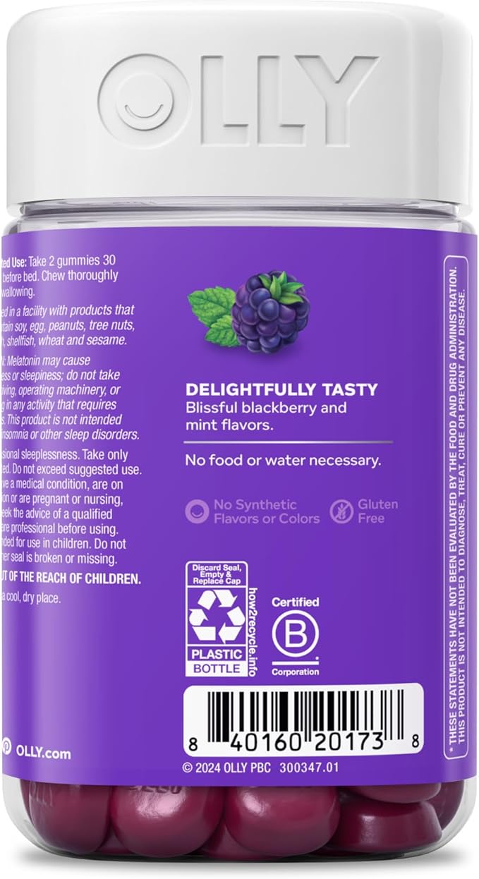 OLLY Sleep Gummy, 3mg Melatonin, L-Theanine, Chamomile, Lemon Balm, Sleep Aid, Occasional Sleep Support, BlackBerry, 90 Count