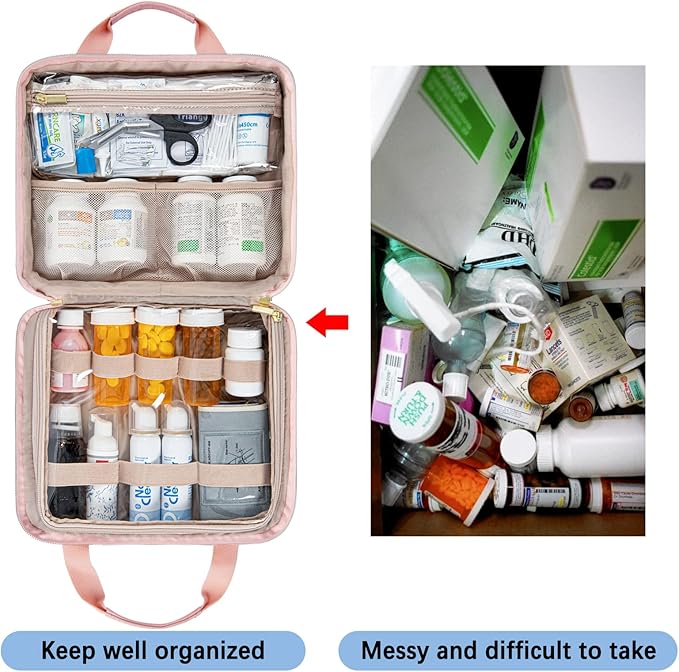 Leudes Travel Pill Bottle Organizer,Medicine Organizer and Storage,Home Medication Bag, Cases,Carrier for Pills,Vitamin,Fish Oil,Supplements for Women and Men (Large, Pink)