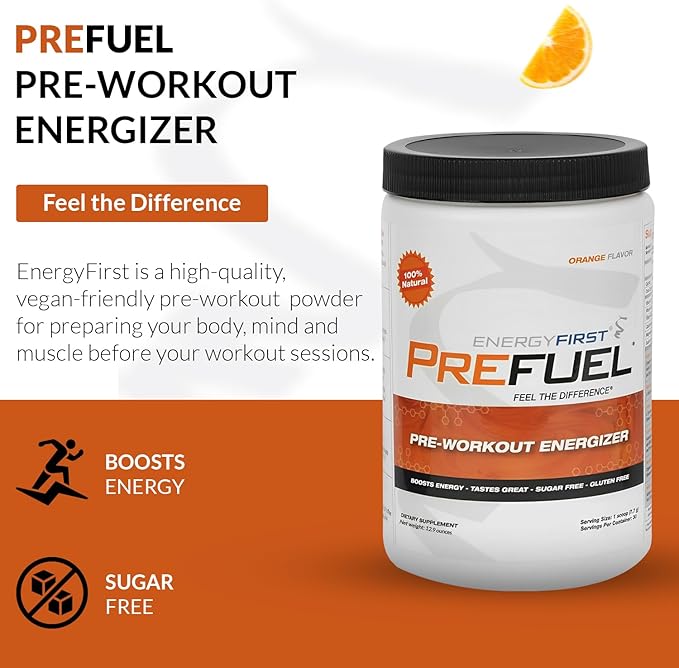 EnergyFirst Prefuel Vegan Pre-Workout Powder | Zero Sugar, All-Natural Energizer with Immune Support | Orange Flavor, 30 Servings for Maximum Workout Performance