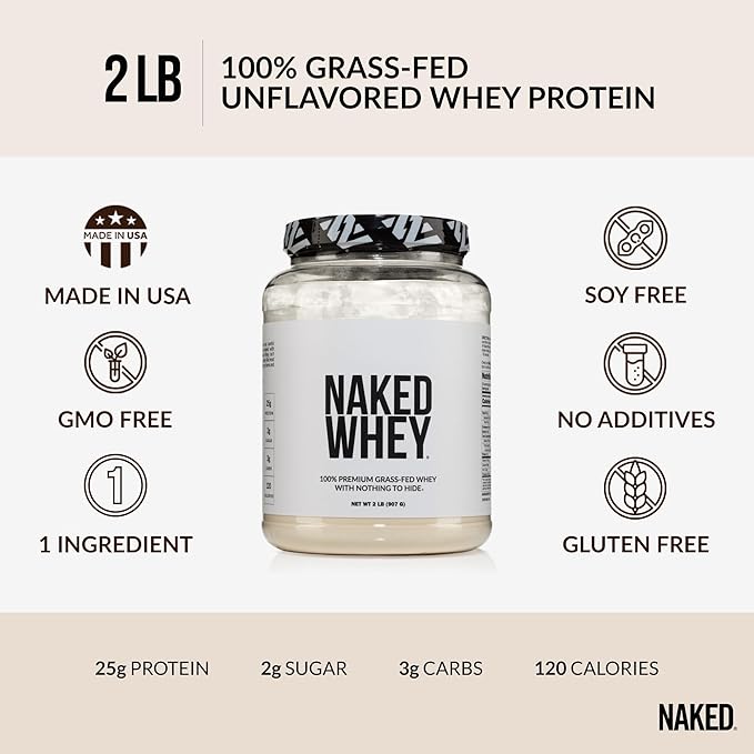 Naked Whey 2LB 100% Grass Fed Whey Protein Powder - Only 1 Ingredient, Unflavored Whey Protein, Undenatured, Gluten Free, Soy Free, No GMOs, No Preservatives