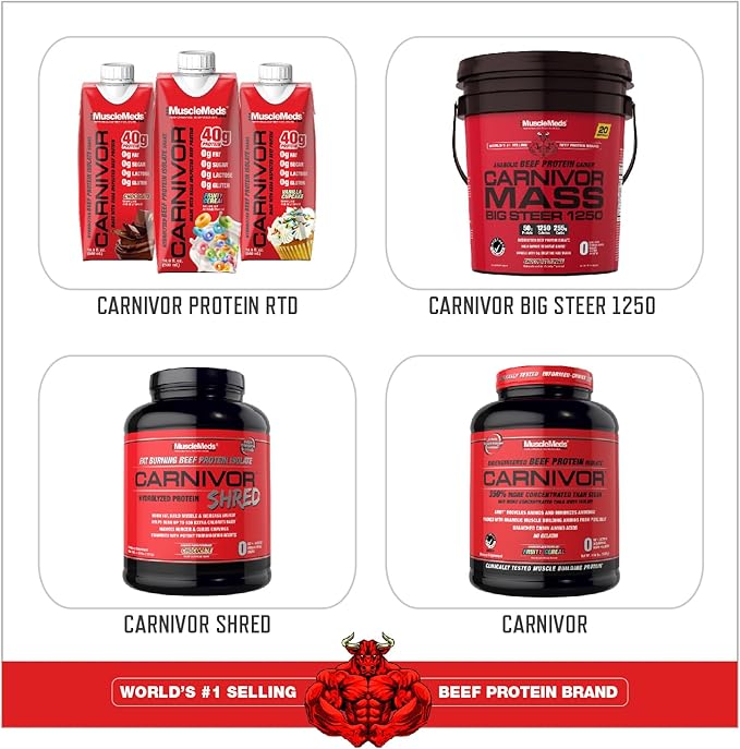 MuscleMeds CARNIVOR Mass Gainer Beef Protein Isolate Shake, 50 Grams Protein, 125 Grams Carbs, 0 Fat, 0 Sugar, Lactose Free, Vanilla Caramel, 5 Pound