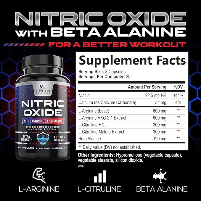 Extra Strength Nitric Oxide Supplement L Arginine 3X Strength - Citrulline Malate, AAKG, Beta Alanine - Premium Muscle Supporting Nitric Oxide Booster for Strength & Energy Supplements - 60 Capsules