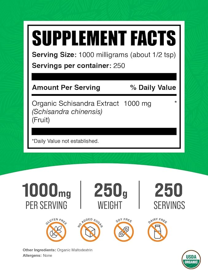 BulkSupplements.com Organic Schisandra Extract Powder - Schisandra Supplement, from Schisandra Berries - Herbal Supplement, Gluten Free - 1000mg per Serving, 250g (8.8 oz) (Pack of 1)