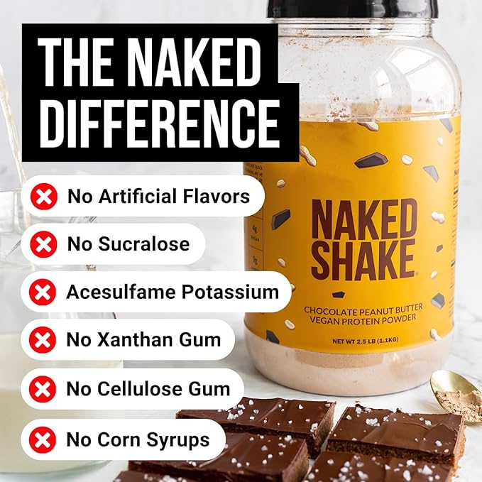Naked Shake - Chocolate Peanut Butter Protein Powder - Vegan Protein Powder from US & Canadian Farms with MCT Oil, Gluten-Free, Soy-Free, No GMOs or Artificial Sweeteners - 30 Servings