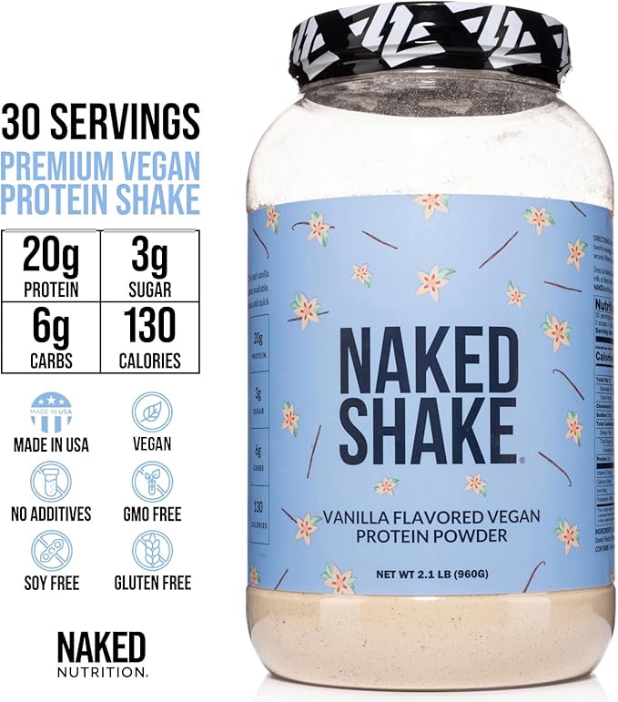 Naked Shake - Vanilla Protein Powder - Plant Based Protein Shake with Mct Oil, Gluten-Free, Soy-Free, No Gmos Or Artificial Sweeteners - 30 Servings