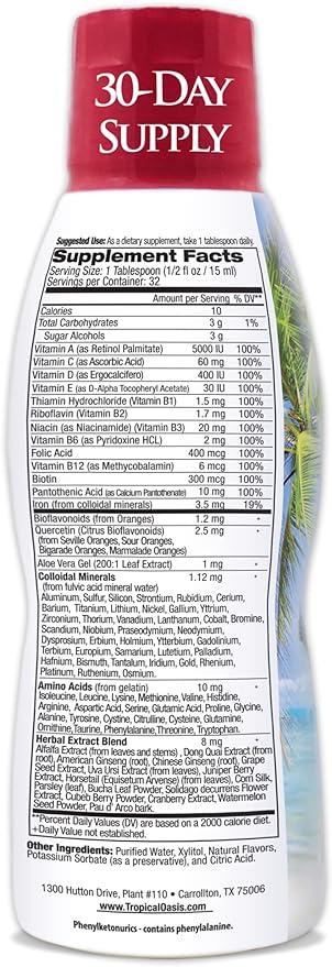 Tropical Oasis Adult Liquid Multivitamin -Liquid Multi-Vitamin and Mineral Supplement with 125 Total Nutrients Including; 85 Vitamins & Minerals, 23 Amino Acids, and 18 Herbs - 16 fl oz, 32 serv