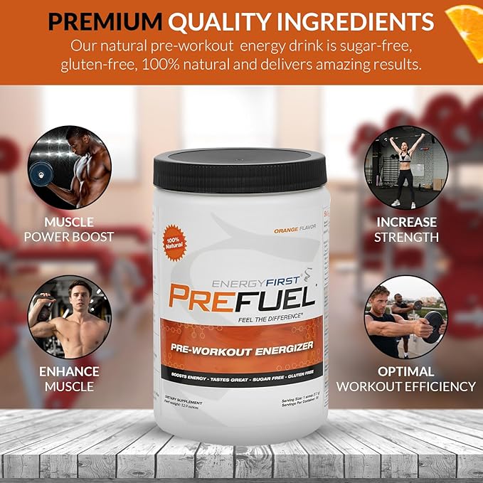 EnergyFirst Prefuel Vegan Pre-Workout Powder | Zero Sugar, All-Natural Energizer with Immune Support | Orange Flavor, 30 Servings for Maximum Workout Performance
