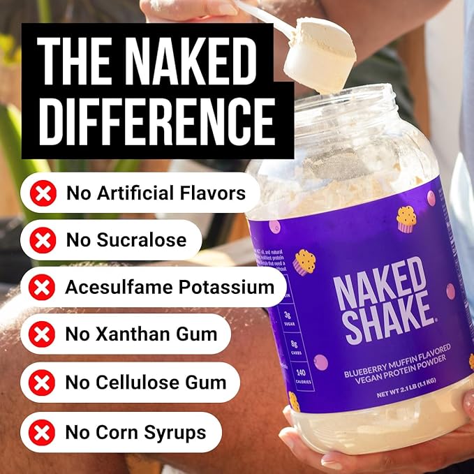 Naked Shake - Blueberry Muffin Protein Powder - Flavored Plant Based Protein from US & Canadian Farms with MCT Oil, Gluten-Free, Soy-Free, No GMOs or Artificial Sweeteners - 30 Servings