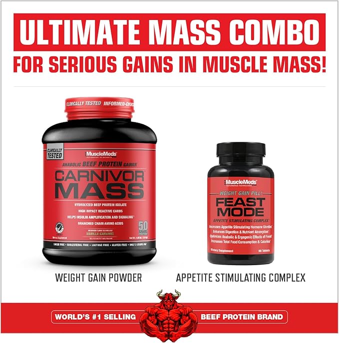 MuscleMeds CARNIVOR Mass Gainer Beef Protein Isolate Shake, 50 Grams Protein, 125 Grams Carbs, 0 Fat, 0 Sugar, Lactose Free, Vanilla Caramel, 5 Pound