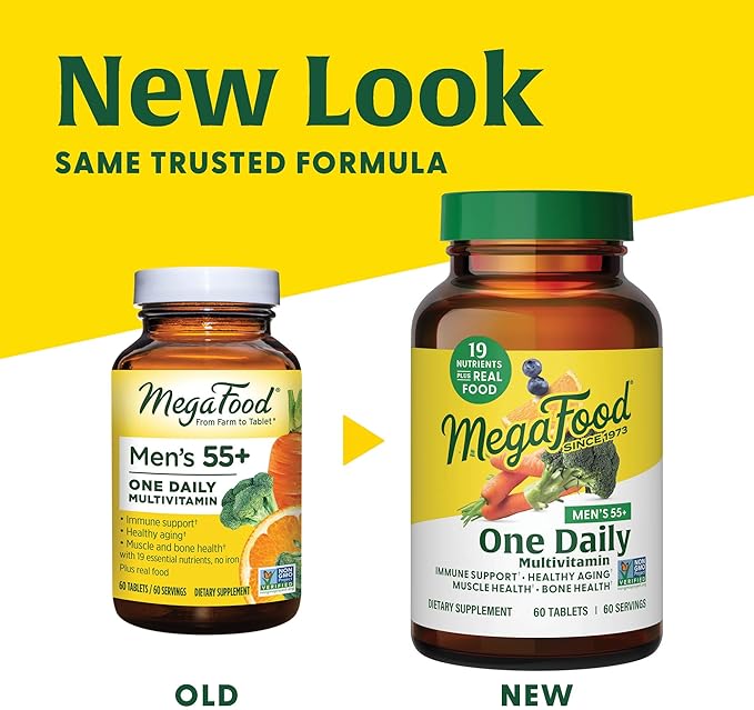 MegaFood Men's 55+ One Daily - Multivitamin for Men with Vitamin B12, Vitamin C, Vitamin D & Zinc - Optimal Aging & Immune Support Supplement - Vegetarian - Made Without 9 Food Allergens - 60 Tabs