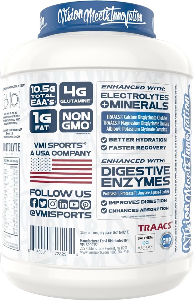 VMI Sports Protolyte 100% Whey Protein Isolate | + Electrolytes & Enzymes | Zero Sugar – Keto Friendly - Lactose Free | 21-25g Protein for Muscle Growth – Recovery – Hydration