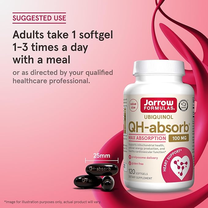 Jarrow Formulas QH-Absorb, 100 mg, Ubiquinol Dietary Supplement for Healthy Cardiovascular Function, 120 Softgels, 120 Day Supply