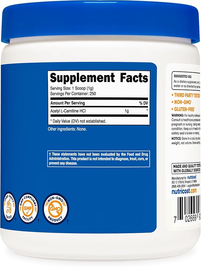 Nutricost Acetyl L-Carnitine (ALCAR) 250 Grams Powder - 1G Per Serving - 250 Servings