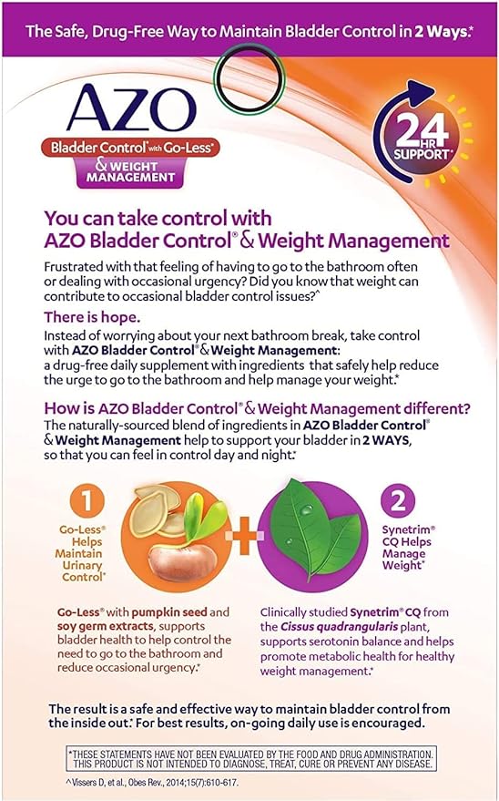 AZO Bladder Control with Go-Less® & Weight Management Dietary Supplement | Helps Reduce Occasional Urgency* | Promotes Healthy Metabolism* | Supports a Good Night’s Sleep* | 48 Capsules