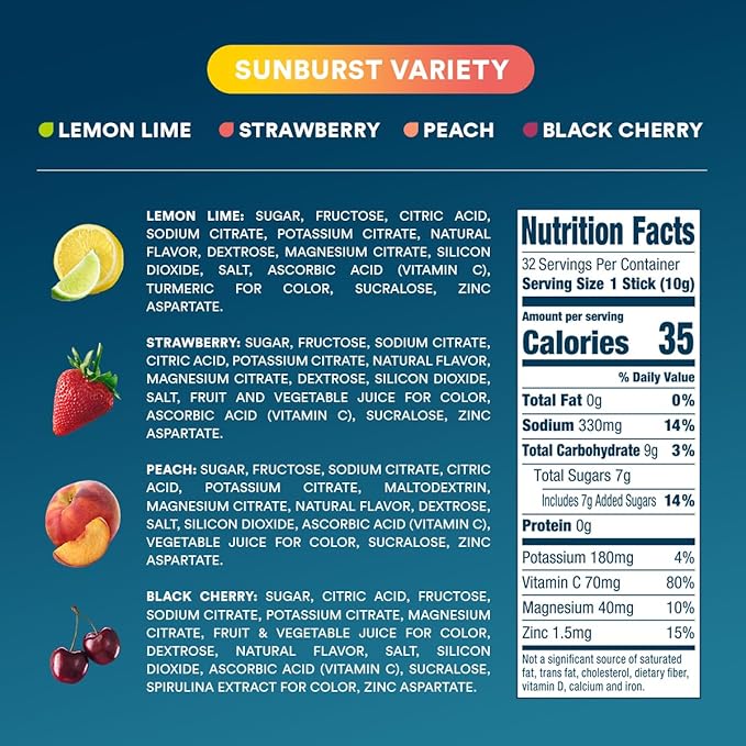 DripDrop Hydration - Sunburst Variety Pack - Electrolyte Drink Mix Single Serve Hydration Powder Packets - Lemon Lime, Strawberry, Peach, Black Cherry | Non-GMO, Gluten Free, Vegan | 32 Sticks