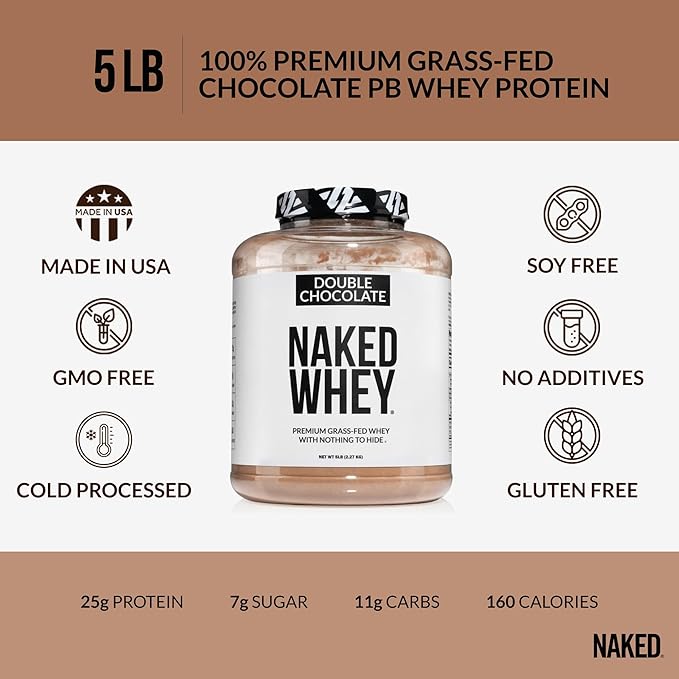 Naked Whey Double Chocolate Grass Fed Whey Protein Powder, No GMO, No Soy, and Gluten Free. Nothing Artificial, Aid Growth and Recovery - 53 Servings